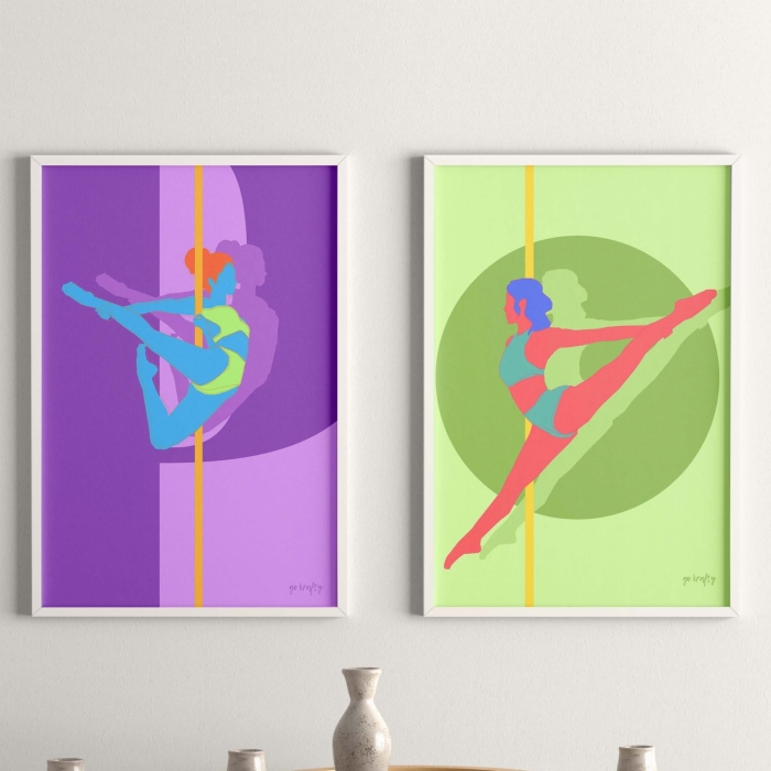plakat pole dance kolory jaskrawe róż I fiolet design figurki pole dance