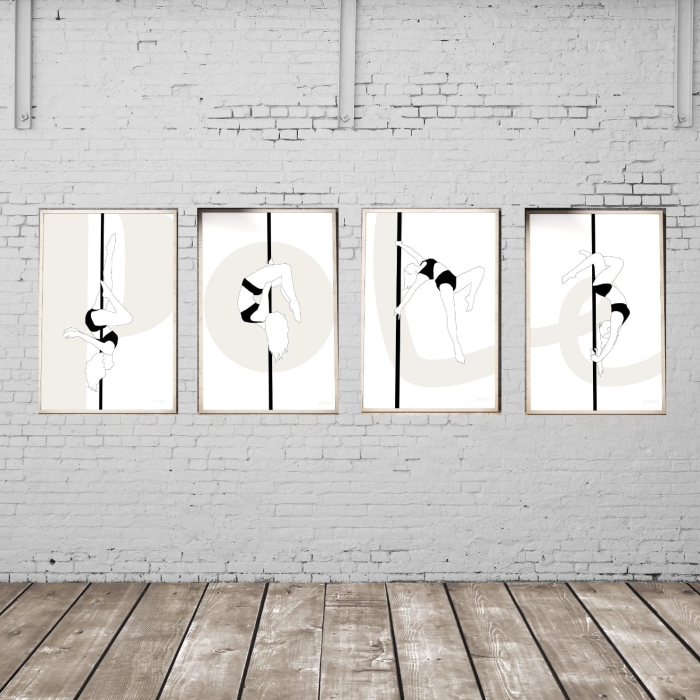 zestaw plakatów pole dance black and white minimalistyczny design figurki pole dance