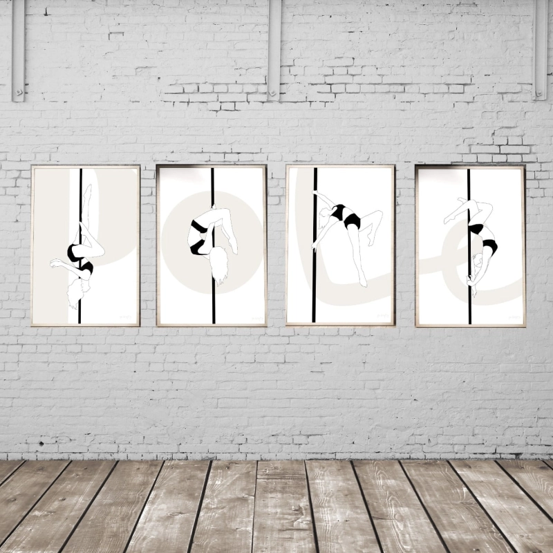 zestaw plakatów pole dance black and white minimalistyczny design figurki pole dance