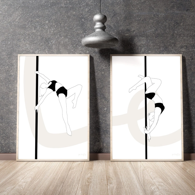 zestaw plakatów pole dance black and white minimalistyczny design figurki pole dance