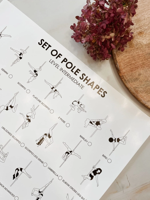 Plakat ze spisem figur pole dance intermediate — zbliżenie na ilustracje figur