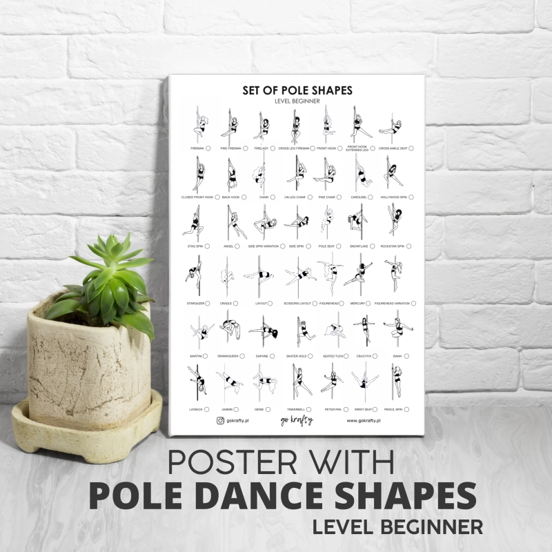 Plakat ze spisem 42 figur pole dance — poziom beginner, format B2