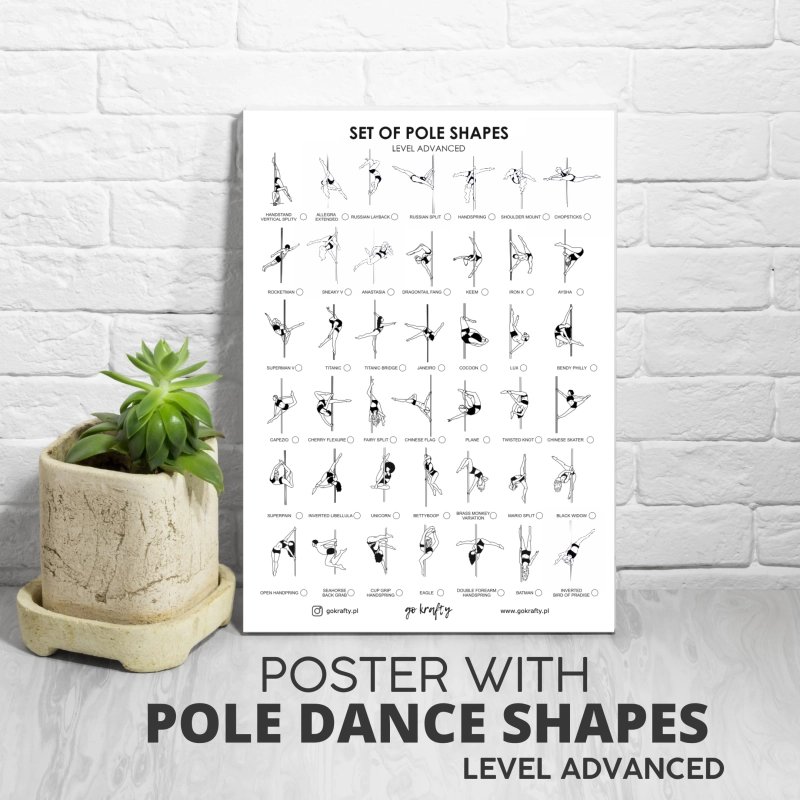 Plakat ze spisem 42 figur pole dance — poziom advanced, format B2