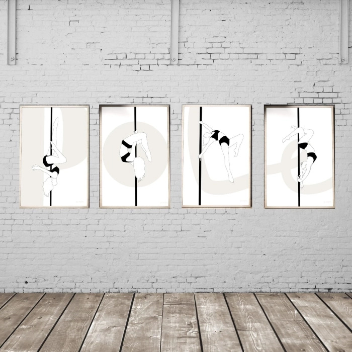 zestaw plakatów pole dance black and white minimalistyczny design figurki pole dance