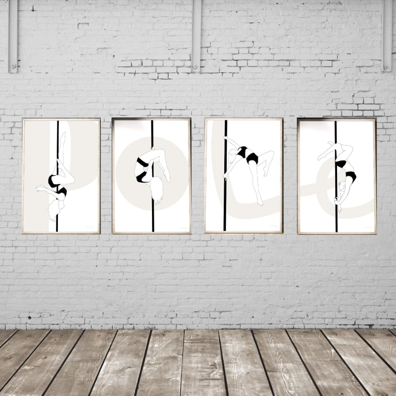 zestaw plakatów pole dance black and white minimalistyczny design figurki pole dance