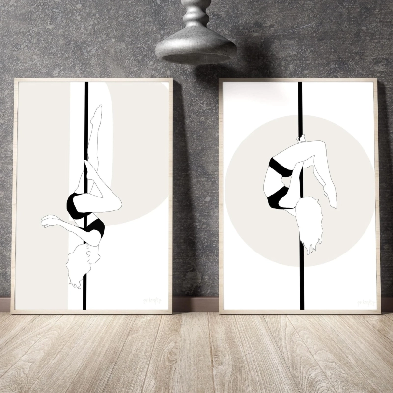 zestaw plakatów pole dance black and white minimalistyczny design figurki pole dance