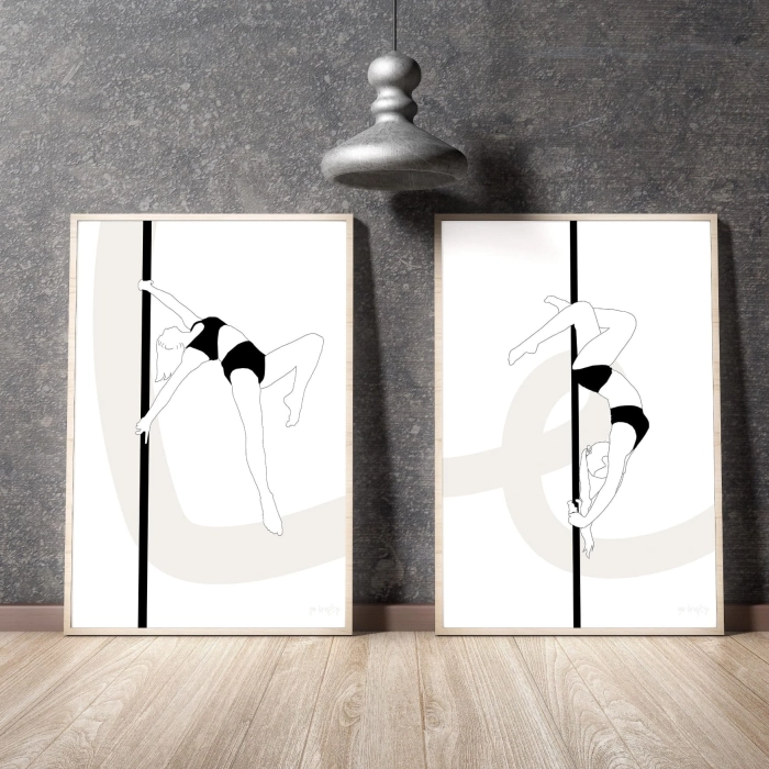 Plakaty pole dance czarno-białe — wzór Handspring w aranżacji wnętrza