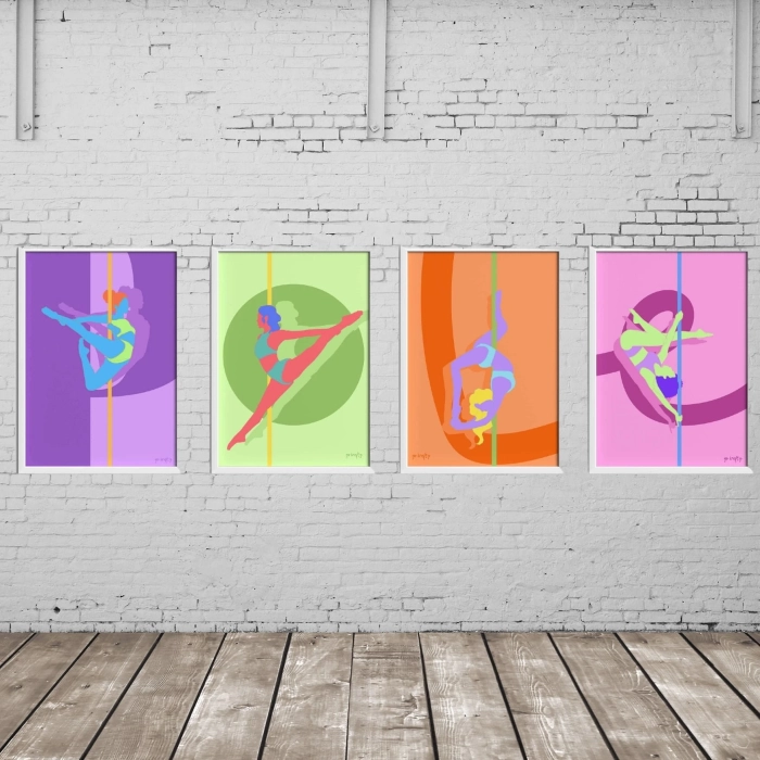 Zestaw 4 kolorowych plakatów pole dance — wszystkie wzory na ścianie