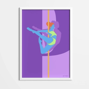 Kolorowy plakat pole dance fioletowy — oprawiony w białą ramę