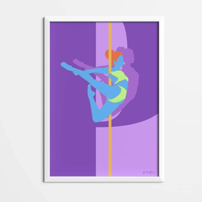 Kolorowy plakat pole dance fioletowy — oprawiony w białą ramę