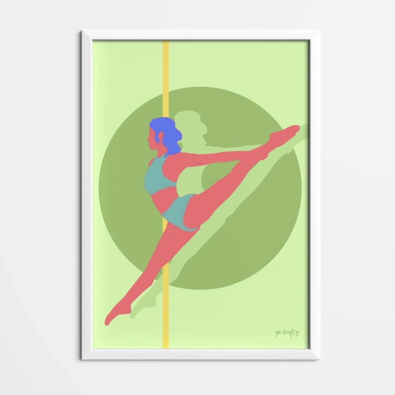 Kolorowy plakat pole dance zielony — oprawiony w białą ramę
