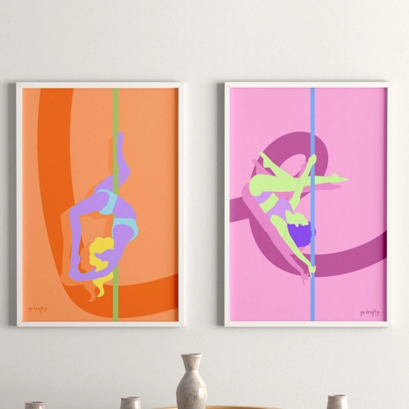 Kolorowe plakaty pole dance pomarańczowy i różowy — dwa wzory na ścianie