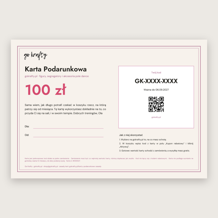 Karta podarunkowa Go Krafty 100 zł na pole dance, gotowa do druku
